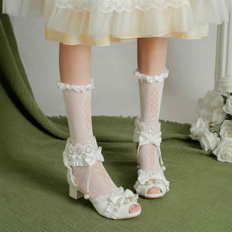 サンダル レディース 日系 ロリータ JK風 リボン フリル スウィート プリンセス ハイヒール ポインテッドトゥ ストラップ バックル マイクロファイバー 白 ベージュ ピンク かわいい