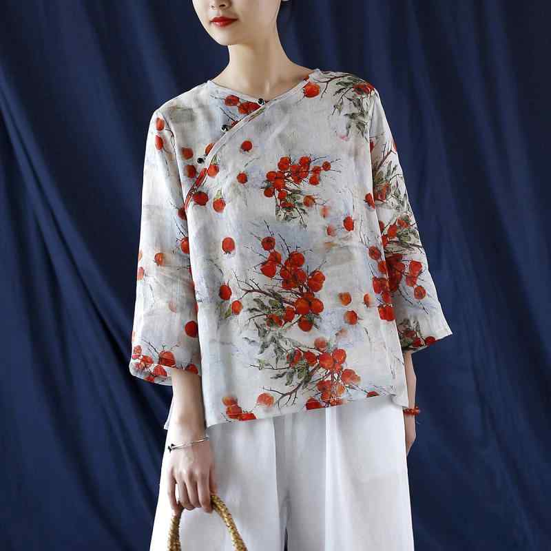 シャツ レディース 女性用 春夏 ゆったり リラックスフィット Vネック ラミー 麻 エスニック レトロ 文..