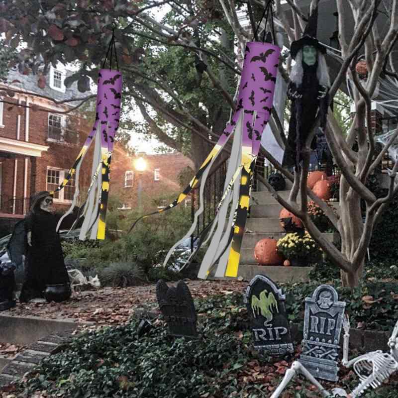 ウインドソック ハロウィン 季節飾り 蝙蝠城柄 プリント ポリエステル製 屋外対応 耐候性 吹き流し フ..