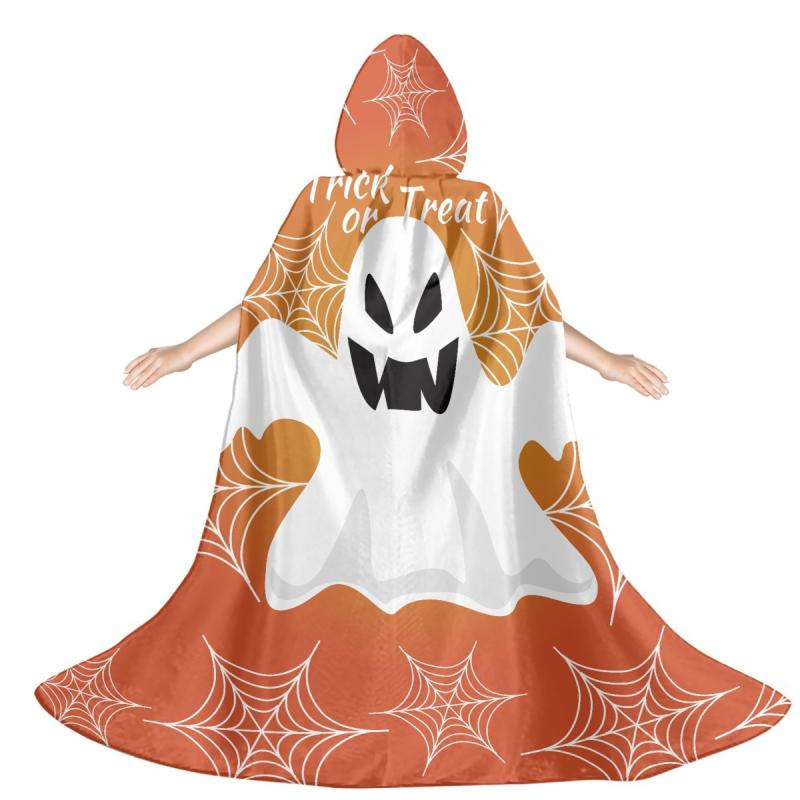 キッズ ケープ 子供用 ジュニア フード付き 軽量 ポリエステル ハロウィン ゴースト クモの巣 柄 クロ..