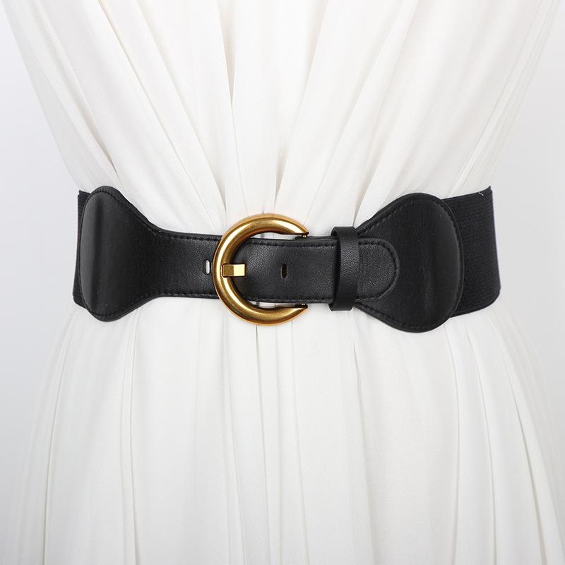 サッシュベルト レディース 伸縮性 ゴム 幅広 フェイクレザー 合皮 シンプル ブロンズバックル 黒 ブラック ワンピース スカート コート用 デイリー カジュアル 万能 ファッション小物 オールシーズン