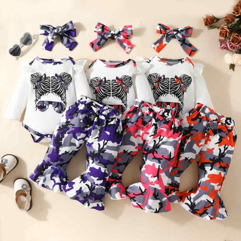 ベビー服 女の子 新生児 顔柄プリント 長袖 ロンパース 迷彩 フレアパンツ ヘアバンド 3点セット セッ..