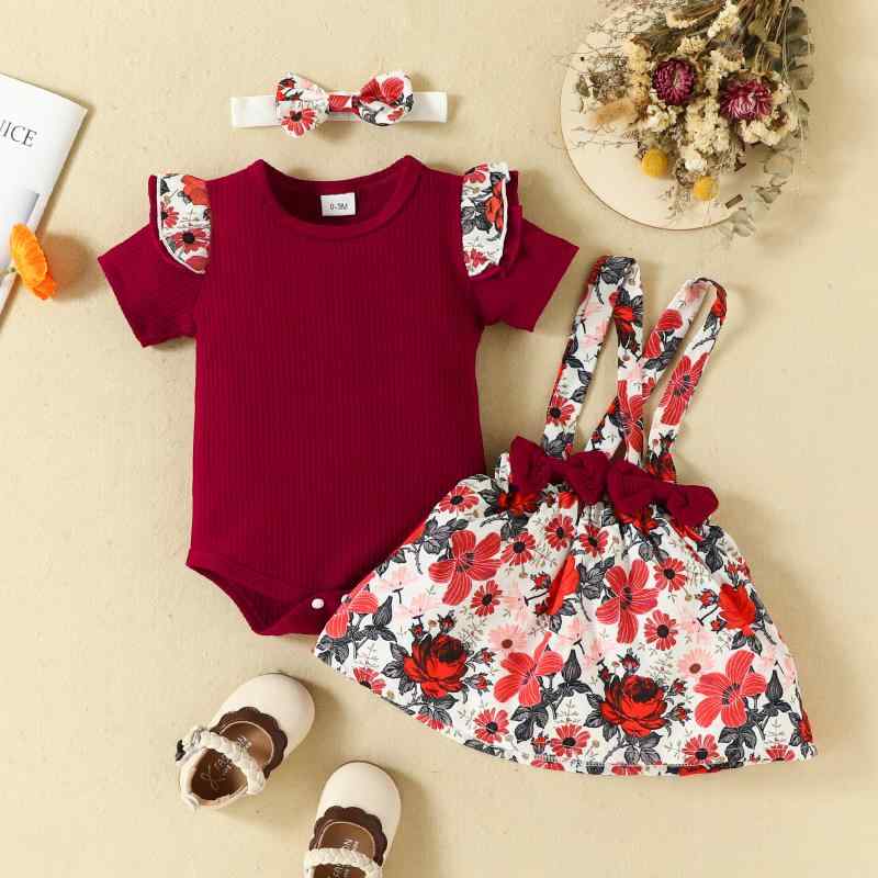 ベビー服 女の子 綿 リブ 半袖 ロンパース リボン 花柄 サロペット 3点セット 春夏 欧米風 お出かけ 部屋着 普段使い 着心地抜群