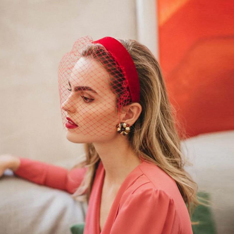 ヘアアクセサリー レディース 欧米風 エレガント 上品 紫紅色 ベルベット 幅広 カチューシャ ヘッドバンド 鳥かごベール 結婚式 ブライダル ウェディング フォト