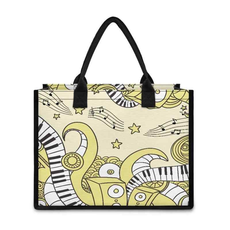 トートバッグ 軽量 A4対応 大容量 音楽 ピアノ 鍵盤 音符 ギター プリント柄 帆布 手提げ 黒縁 横型 オ..
