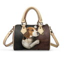 ハンドバッグ レディース PUレザー デジタルプリント ファスナー開閉 スマホポケット 外ポケット やや柔らかめ 垂れ耳犬 牛柄 ボストンバッグ型 肩掛け ミデ...