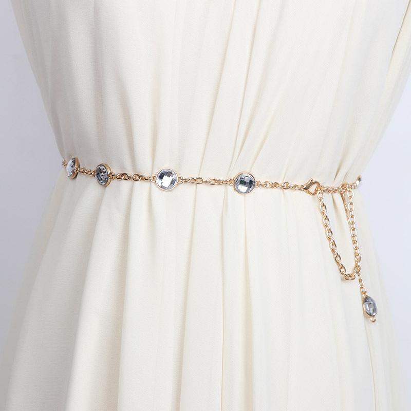 ウエストチェーン レディース 細身 両面ラインストーン 金属製 韓国風 セクシー 装飾 オールシーズン 多用途 ゴールド シルバー スカート ワンピース ブラウス アクセサリー