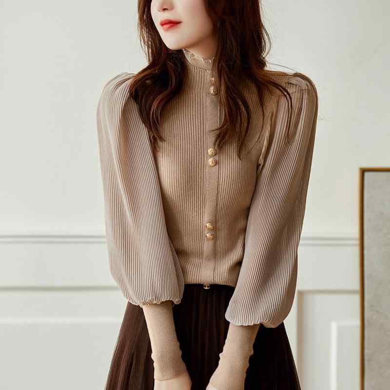 ニット レディース 秋冬 メロウフリル ハイネック ランタンスリーブ エレガント 上品 きれいめ オフィ..