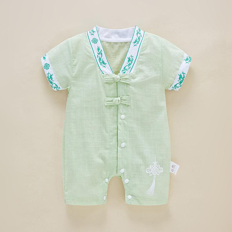 ベビー ロンパース 男の子 半袖 夏 薄手 綿100% 吸汗速乾 通気性 中国風 漢服デザイン 1歳 周歳祝い 誕生日 お食い初め 赤ちゃん服 ベビーウェア カバーオール つなぎ