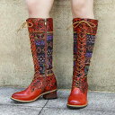 ロングブーツ レディース 秋冬 羊革 本革 サイドジップ レースアップ 切り替え ヴィンテージ加工 レトロ柄 ラウンドトゥ ミドルヒール チャンキーヒール ブラウン
