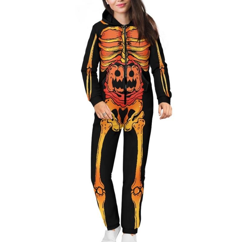 つなぎ 男女兼用 ハロウィン 骸骨プリント ロング丈 長袖 フード付き オールインワン ゆったり コスチューム 仮装 イベント 衣装 カジュアル ルームウェア ポリエステル