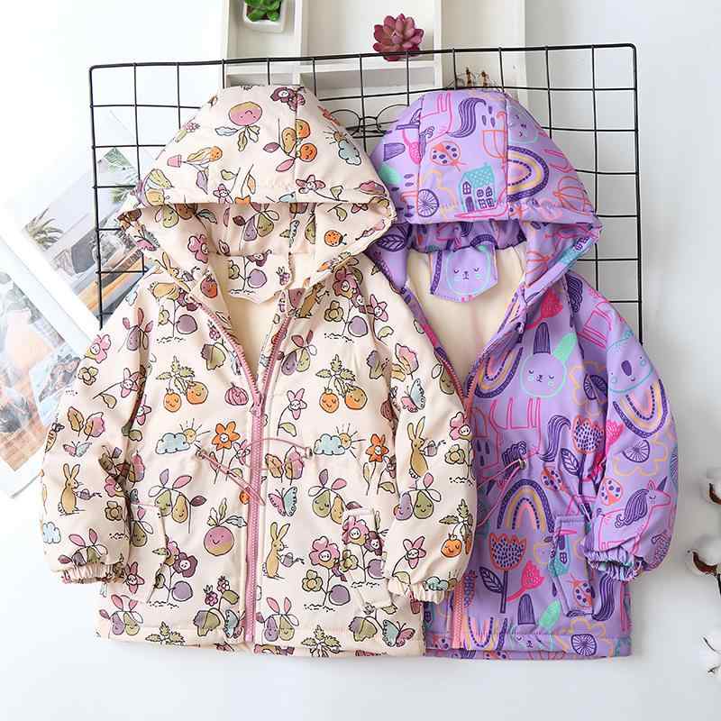 中綿ジャケット 女の子 キッズ フード付き 裏起毛 花柄 カートゥーンプリント かわいい 厚手 防寒 アウ..