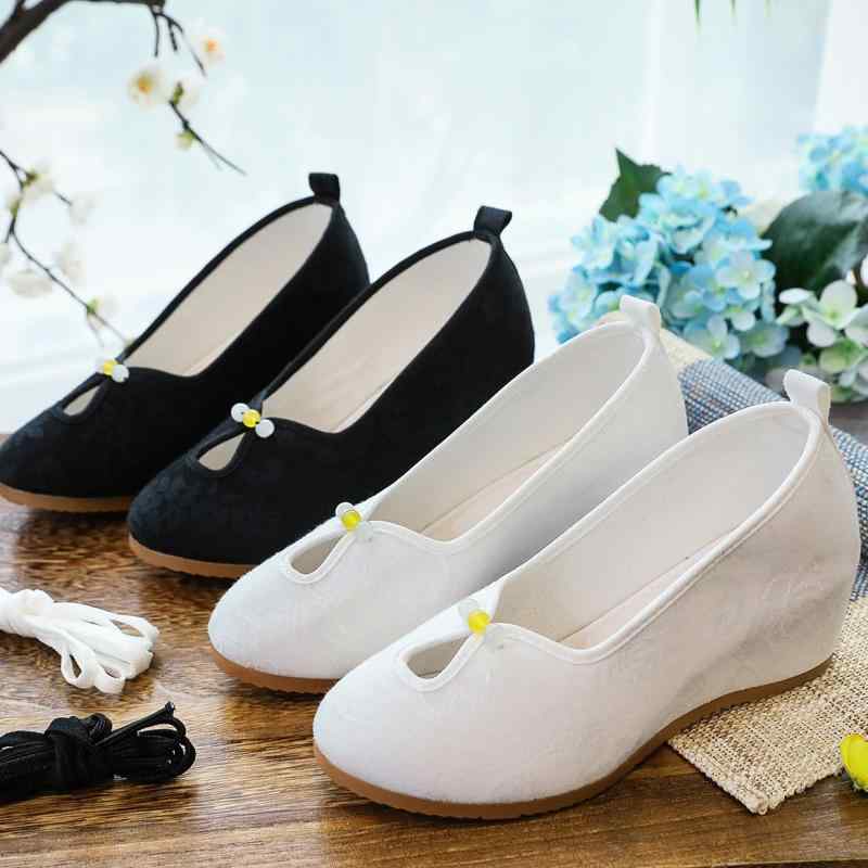 パンプス レディース ウェッジソール ミドルヒール ラウンドトゥ 無地 中国風 民族風 布靴 綿 コットン チャイナドレス 漢服 和装 コスプレ 普段使い スリッポン 春夏秋