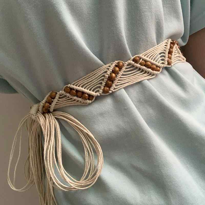 ベルト レディース 女性用 民族風 エスニック ボヘミアン 編み込み ワックスコード 結び フリンジ タッ..