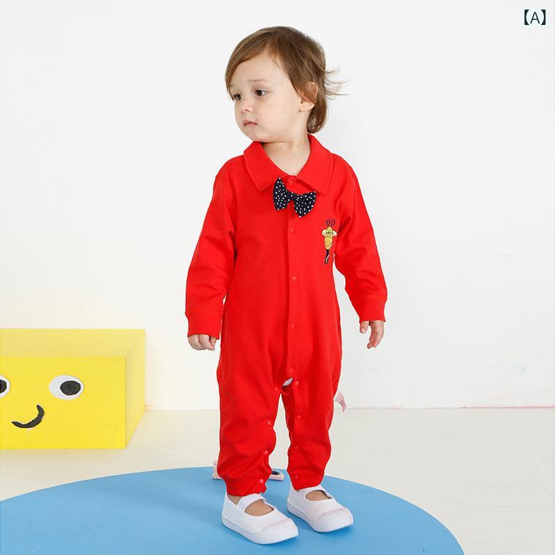 ・カテゴリ: ロンパース・スタイル: カジュアル・主な素材: 綿100% ニット・性別: ユニセックス・袖丈: 長袖・厚さ: 普通・開閉方法: スナップボタン・対象年齢: 新生児 (0～1歳)・カラー: レッド・サイズ展開: 66cm, 73cm, 80cm, 90cm