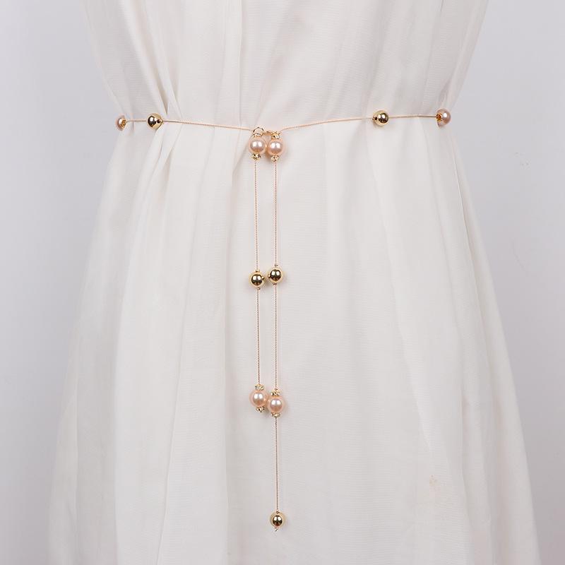 ウエストチェーン レディース パールチェーン 極細 細ベルト ウエストマーク ワンピース ドレス スカー..