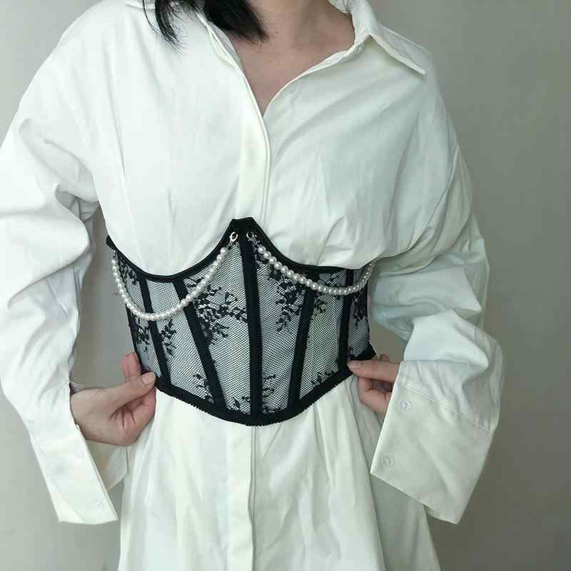コルセット レディース 秋 21cm ショート丈 フェミニン レース パール ボーン 編み上げ 装飾 ウエスト..