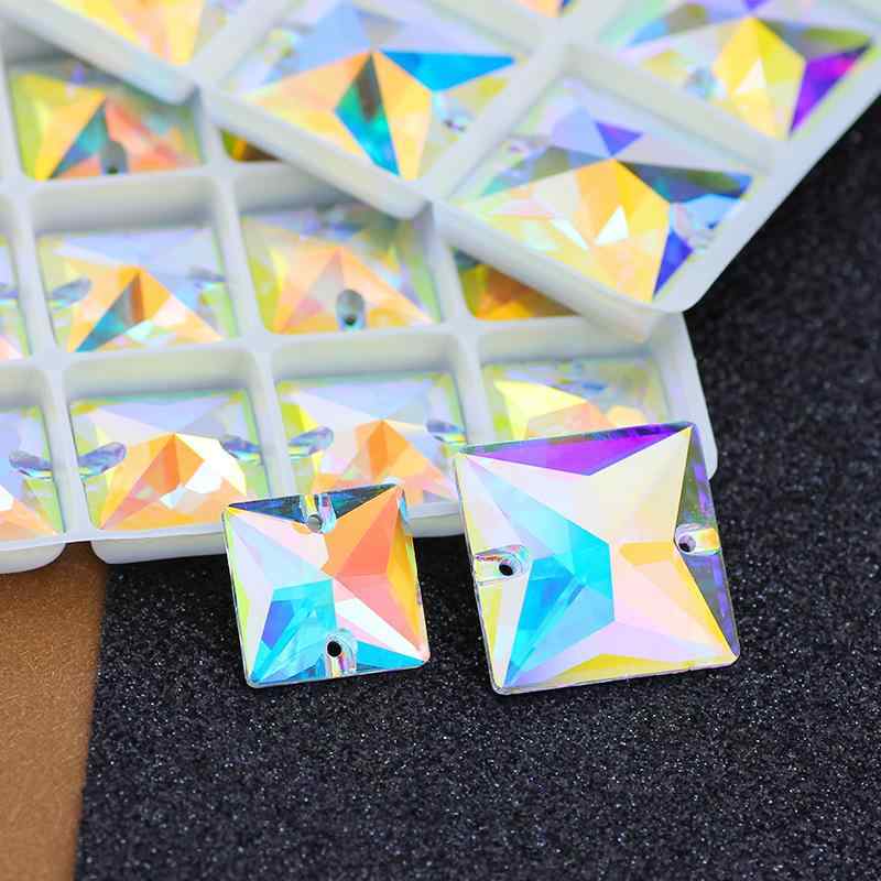 ラインストーン K9クリスタル 高級感 フラット底 縫い付け 手芸 ビーズ 2穴 正方形 ガラス製 傷防止 個別包装 ABカラー ホワイト 複数サイズ デコレーション パーツ