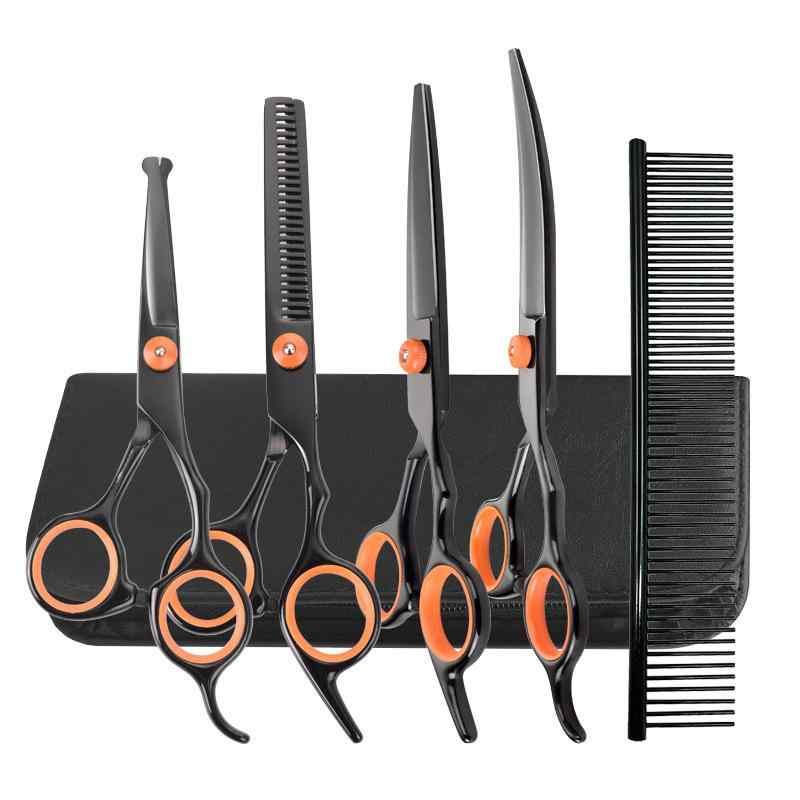 ペット用 トリミングシザー グルーミングハサミ 7点セット ブラックオレンジ 高品質ステンレス製 猫 犬..
