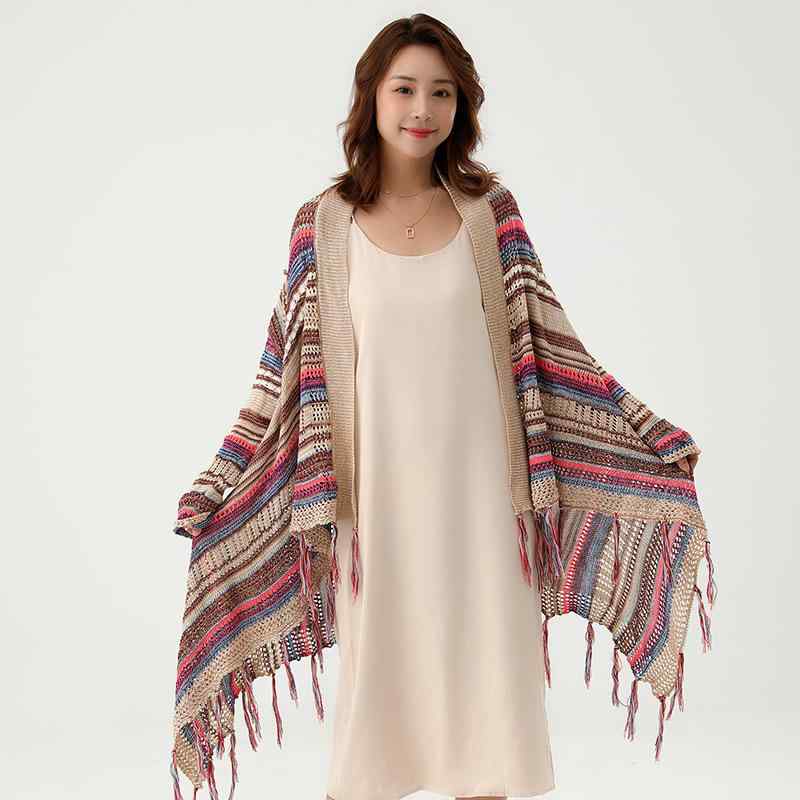 ショール レディース 暖か カラフル エスニック柄 フリンジ 袖付き ニット カーディガン ポンチョ ケープ ミドル丈 秋冬 着回し 上品 エレガント アウター