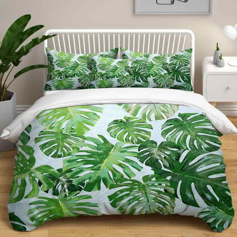 布団カバーセット 3D 大きな葉っぱ柄 高精細デジタルプリント ポリエステル 起毛加工 モダン シンプル ダブル クイーン キングサイズ 3点セット 4点セット