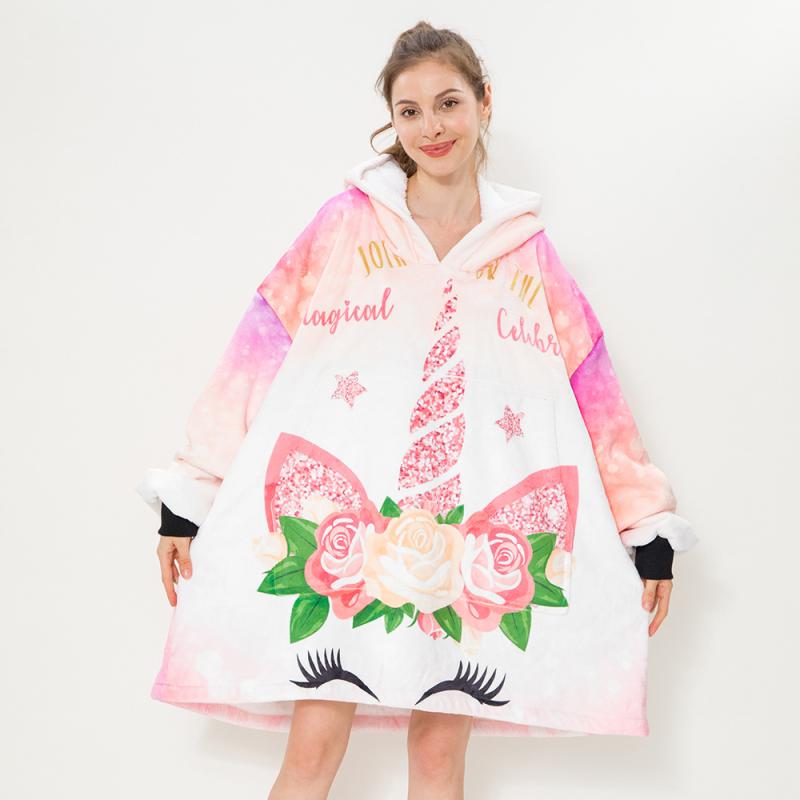 着る毛布 レディース メンズ 子供 キッズ 厚手 保温 フランネル ユニコーン柄 かわいい フード付き 秋..