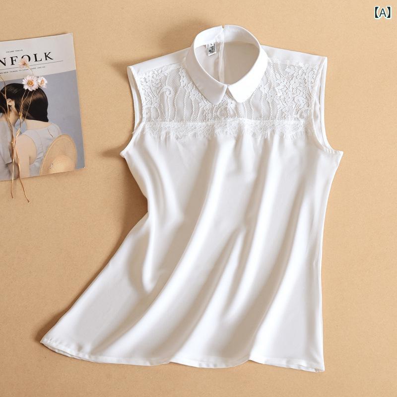 ブラウス レディース 春夏 シフォン ポリエステル ノースリーブ 韓国ファッション 着痩せ効果 丸首 プルオーバー 無地 通勤 ビジネス オフィス カジュアル インナー 着回し エレガント ホワイト ブラック(4)