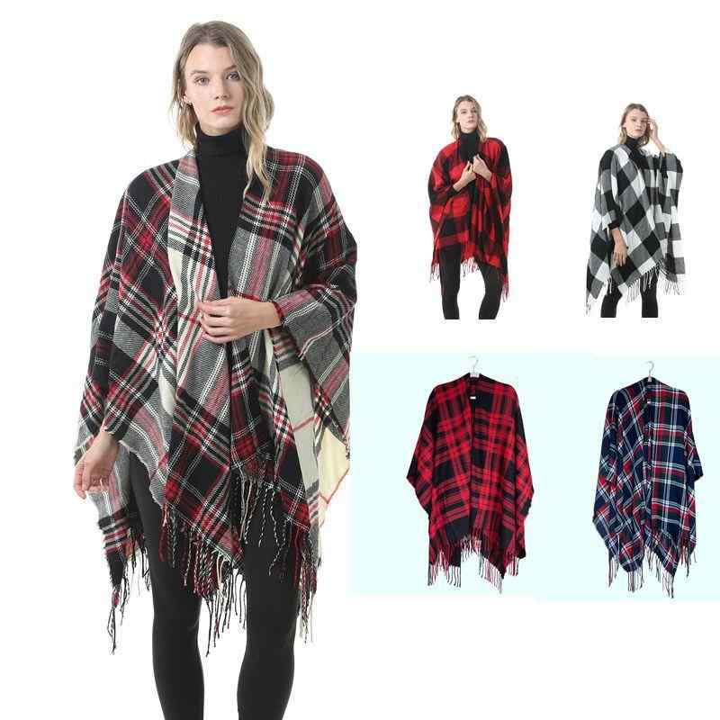 ショール レディース フェイクカシミヤ アクリル 保温 あったか スリット フリンジ チェック柄 欧米風 2WAY ポンチョ ケープ ストール マフラー ミドル丈 春秋冬