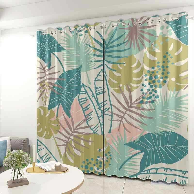 カーテン 半遮光 断熱 グリーンリーフ バナナリーフ柄 おしゃれ プリント 寝室 リビング 書斎 ダイニン..