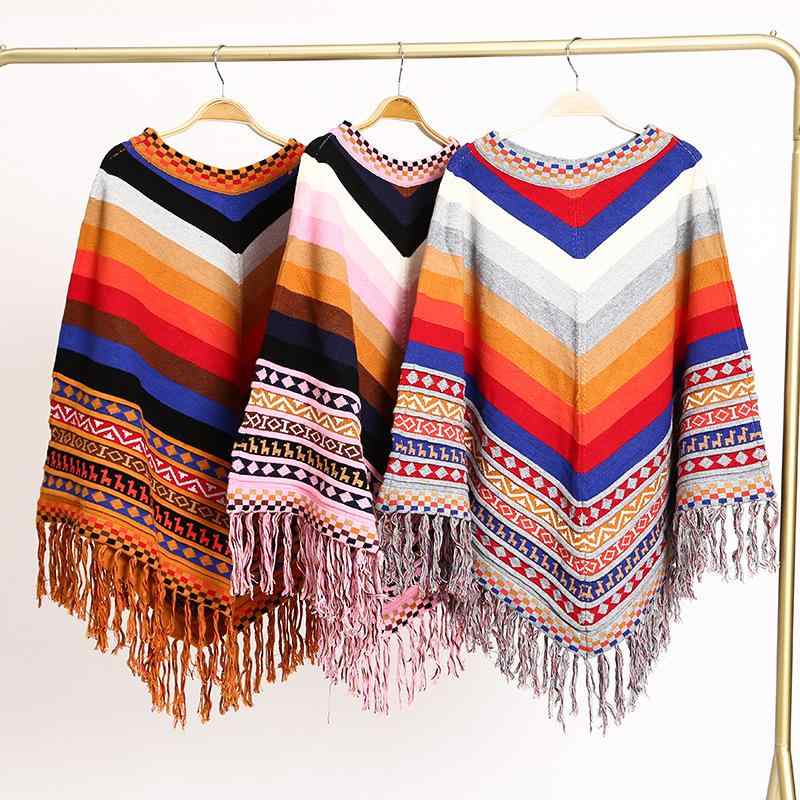 ショール レディース 秋冬 保温 暖かい フリンジ ペルー風 エスニック柄 おしゃれ ポンチョ ケープ 三角 プルオーバー 欧米風 ストリート カジュアル アウター