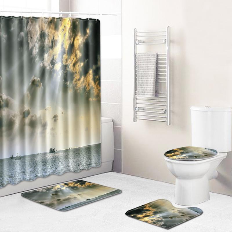 バスマット 4点セット 吸水 滑り止め 丸洗い シャワーカーテン トイレマット フロアマット 浴室 バスルーム 風景柄 おしゃれ ライトグリーン ポリエステル製