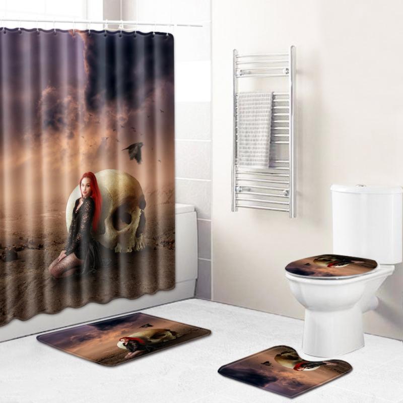 シャワーカーテン スカル ドクロ ホラー柄 バスマット トイレマット 4点セット 洗濯機OK ポリエステル..