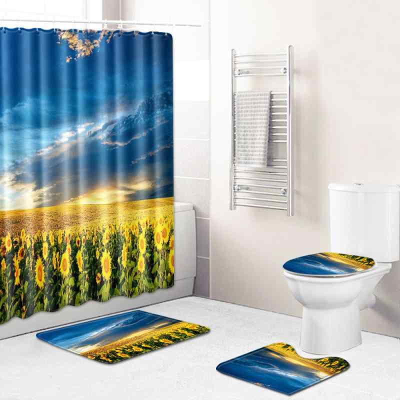 シャワーカーテン 洗える ポリエステル 風景柄 絶景 浴室 4点セット トイレマット フタカバー バスマット フロアマット 洗面所 シャワールーム