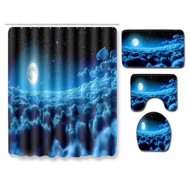 バスマット トイレマット U字マット シャワーカーテン 4点セット 星空柄 浴室 トイレ用 滑り止め 洗える ポリエステル素材 モダンテイスト ブラック