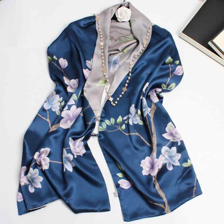 ショール レディース マルベリーシルク 100% 大判 長方形 手描き マグノリア 花柄 チャイナボタン 両面サテン 上品 エレガント 冷え対策 通年