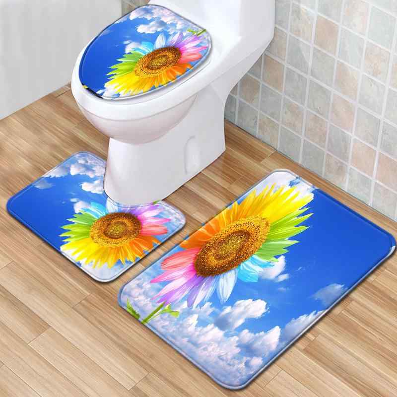 トイレマット ひまわり柄 3点セット バスルーム 浴室用 ポリエステル製 滑り止め 丸洗いOK モダン シン..