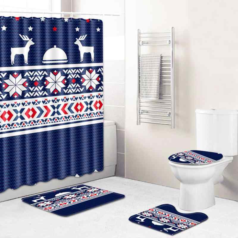 シャワーカーテン クリスマス バスルーム 4点セット 吸水 速乾 滑り止め バスマット トイレマット フタカバー ポリエステル製 ウォッシャブル モダン