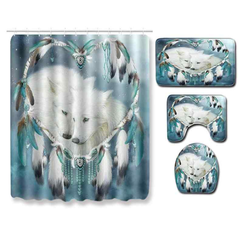 シャワーカーテン オオカミ柄 4点セット バスマット トイレマット 浴室 バスルーム 洗濯機で洗える ウォッシャブル ポリエステル 北欧風