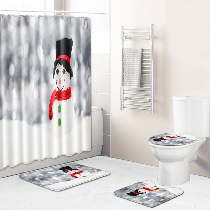 シャワーカーテン バスルーム足ふき トイレ足元敷物 便座カバー クリスマス柄 4点セット ポリエステル製 洗濯機対応 丸洗いOK 滑り止め モダン 寝室 子供部屋用
