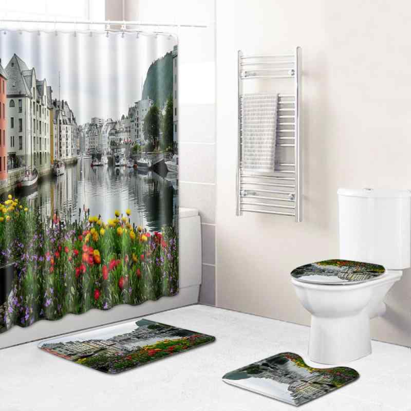 洗濯機で洗える 丸洗い可能 シャワーカーテン バスマット 風景柄 4点セット トイレマット フロアマット 足拭きマット 長方形 ポリエステル製 浴室 バスルーム ライトグリーン