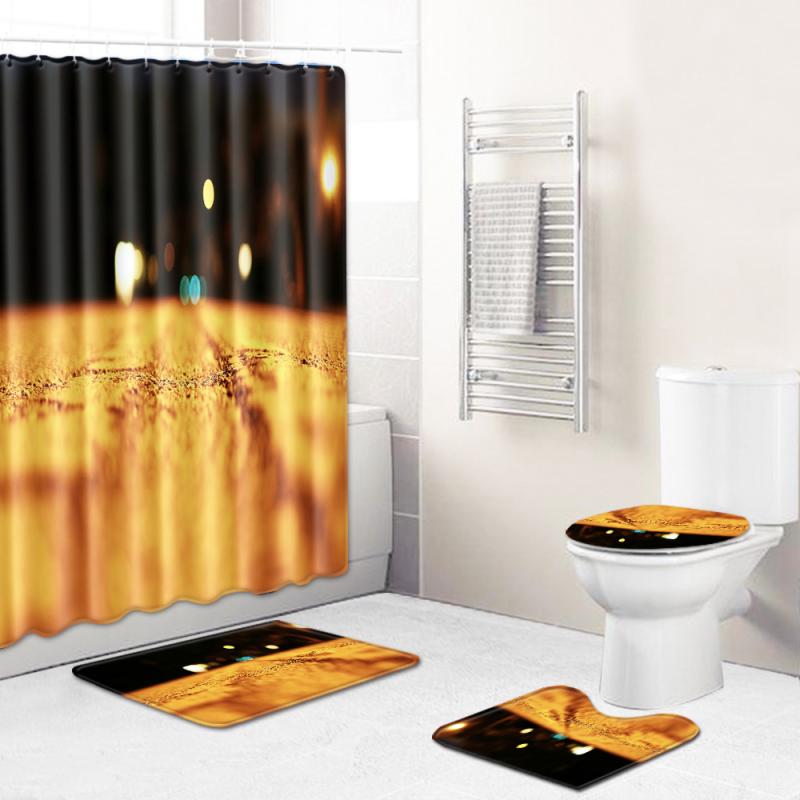 バスルームセット 丸洗いOK ウォッシャブル ポリエステル製 風景柄 シャワーカーテン バスマット トイレマット 4点セット 浴室用 インテリア