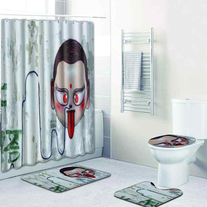 シャワーカーテン 浴室マット 4点セット 洗濯機で丸洗いOK 100%ポリエステル製 バスルーム トイレ 足ふきマット トイレマット モダン 人物柄 ブラック