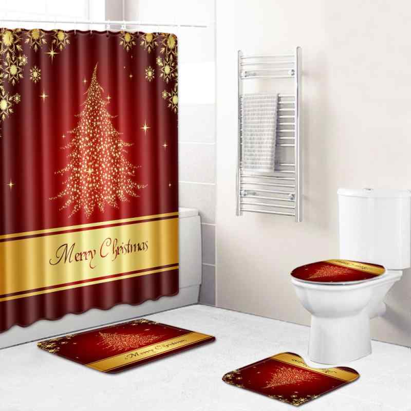 バスルームセット シャワーカーテン バスマット トイレマット トイレ蓋カバー 4点セット クリスマス柄 北欧風 洗濯機対応 ポリエステル おしゃれ