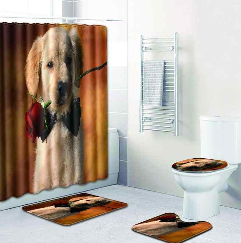 シャワーカーテン 犬柄 バスルーム 4点セット 洗える ポリエステル製 ホワイト 長方形マット トイレマット バスマット フットマット 浴室用