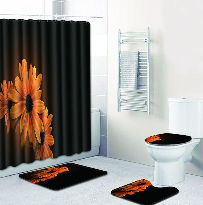 シャワーカーテン 3Dプリント 植物柄 花柄 バスマット トイレマット 4点セット 滑り止め 丸洗いOK ポリエステル モダン シンプル バスルーム トイレ 洗...