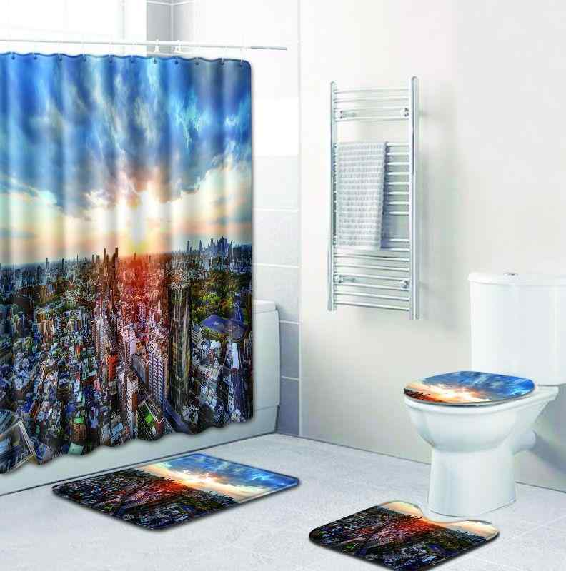 シャワーカーテン バスマット セット 建築柄 ブラック 4点セット トイレマット 浴室用 足ふきマット 洗..