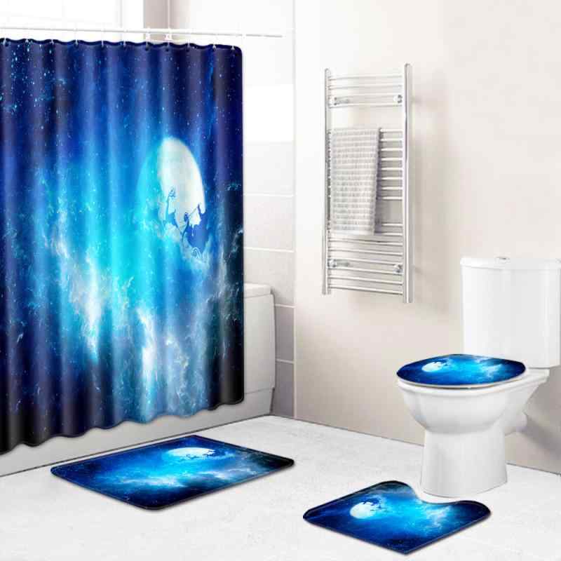 シャワーカーテン クリスマス柄 4点セット バスマット トイレマット トイレ蓋カバー 滑り止め ウォッシャブル ポリエステル製 おしゃれ バスルーム用