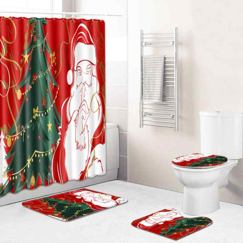 バスルームセット クリスマス柄 ウォッシャブル ポリエステル シャワーカーテン トイレフタカバー U型トイレマット 足元マット 4点セット 子供部屋 モダン イ...