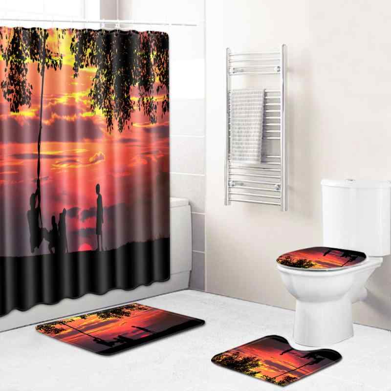 シャワーカーテン 風景柄 浴室用 4点セット ポリエステル製 丸洗いOK 洗濯機対応 長方形 バスマット トイレマット