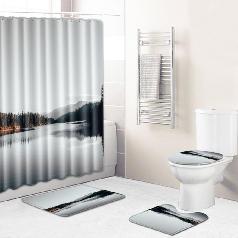 バスマット 丸洗いOK ポリエステル素材 浴室用 シャワーカーテン トイレマット 足ふきマット 風景デザイン 淡いグリーン 4点セット おしゃれ